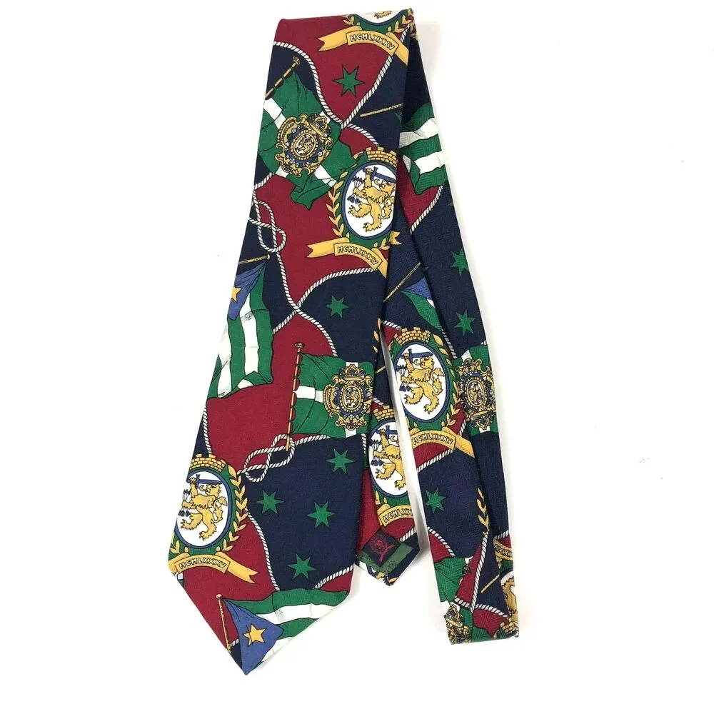 Vintage TOMMY HILFIGER Tie Silk Nautical Flag Crest Heraldry Red Navy Green USA